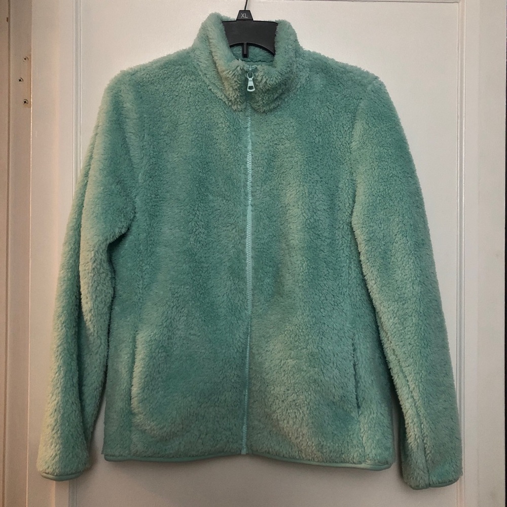 Uniqlo Women's Jacket Mint Green Medium Long Sleeves Mock Neck Zip Fuzzy